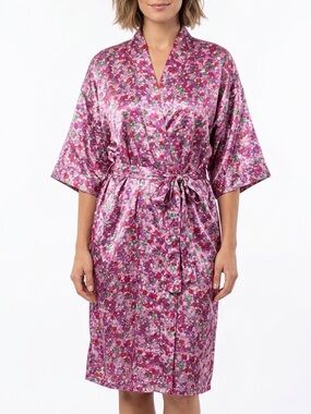 TNL MODE Satin Floral Robe House Coat Pink Red Silky Loungewear Size Medium